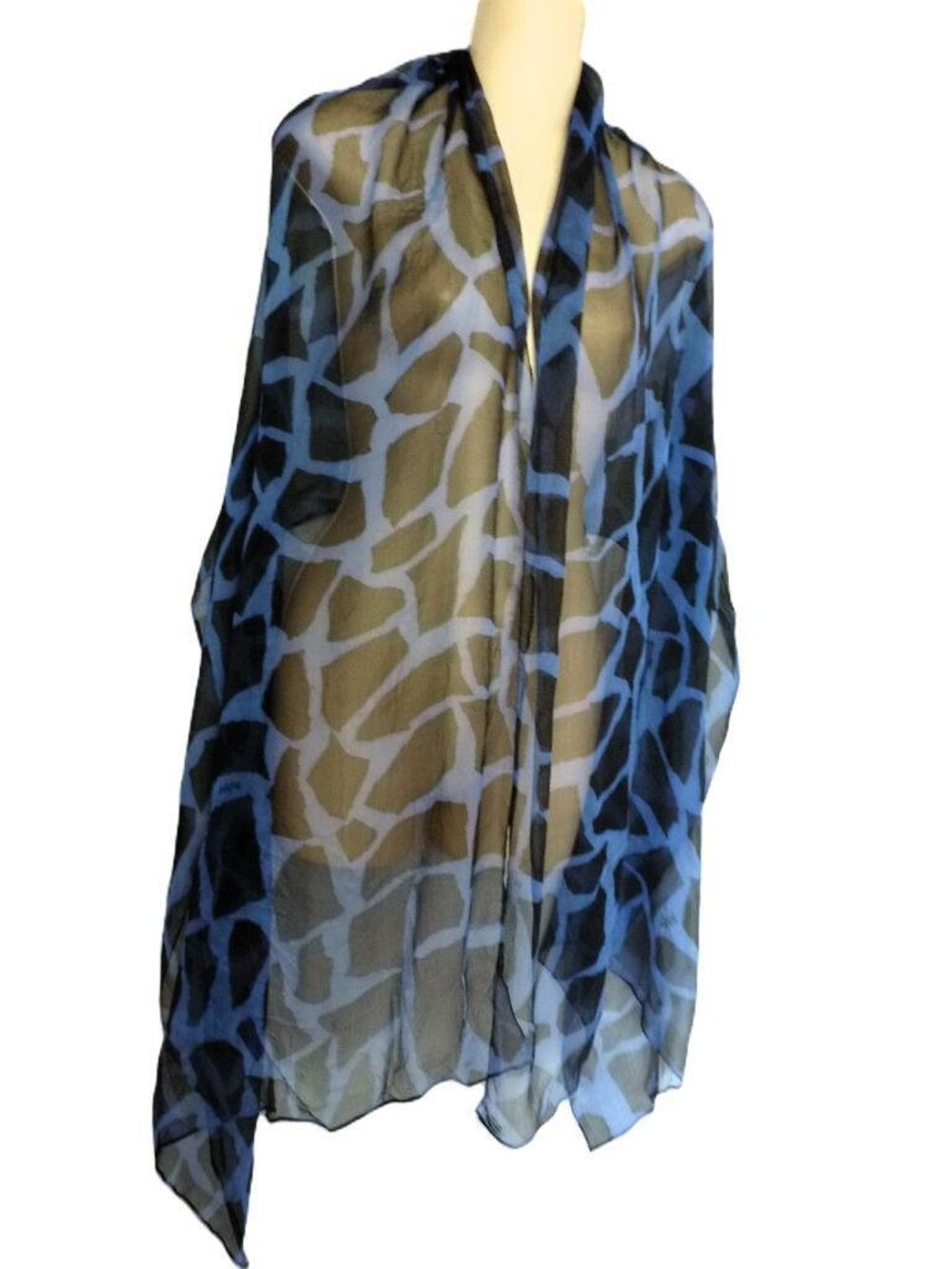 Vera Ladybug Logo Sheer Abstract Animal Print Silk Scarf - Blue & Black